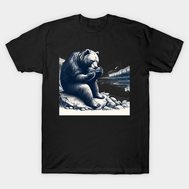 Bear Playing Harmonica T-Shirt by Merchweaver